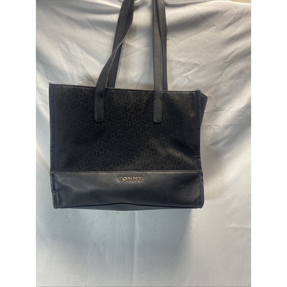 Women's Tommy Hilfiger Black Logo Embossed Tote Zip Closure Gold Hardware
